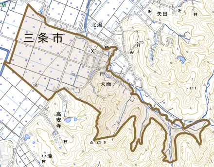 大面とその周辺の地図。町の範囲を重ねている