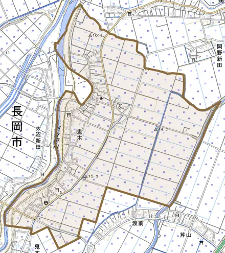 鬼木とその周辺の地図。町の範囲を重ねている