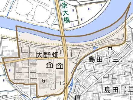 大野畑とその周辺の地図。町の範囲を重ねている