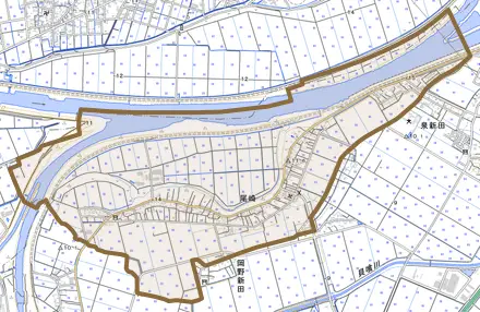 尾崎とその周辺の地図。町の範囲を重ねている