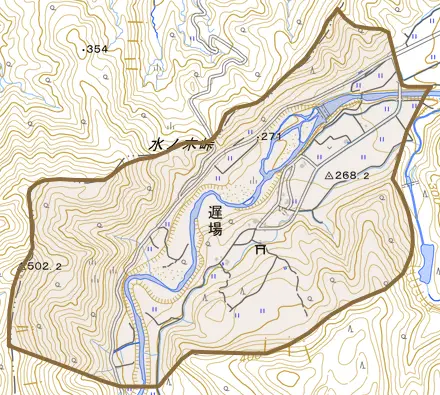 遅場とその周辺の地図。町の範囲を重ねている