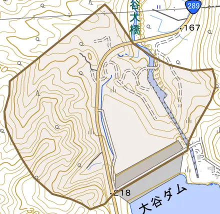 大谷とその周辺の地図。町の範囲を重ねている