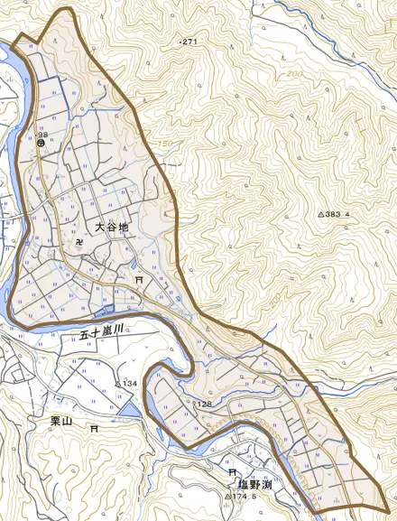 大谷地とその周辺の地図。町の範囲を重ねている