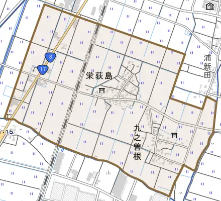 栄荻島とその周辺の地図。町の範囲を重ねている