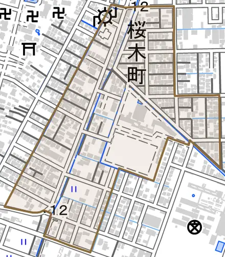 桜木町とその周辺の地図。町の範囲を重ねている