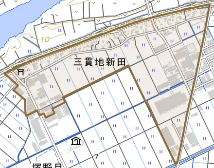 三貫地新田とその周辺の地図。町の範囲を重ねている