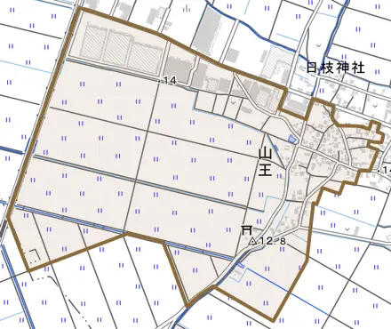 山王とその周辺の地図。町の範囲を重ねている