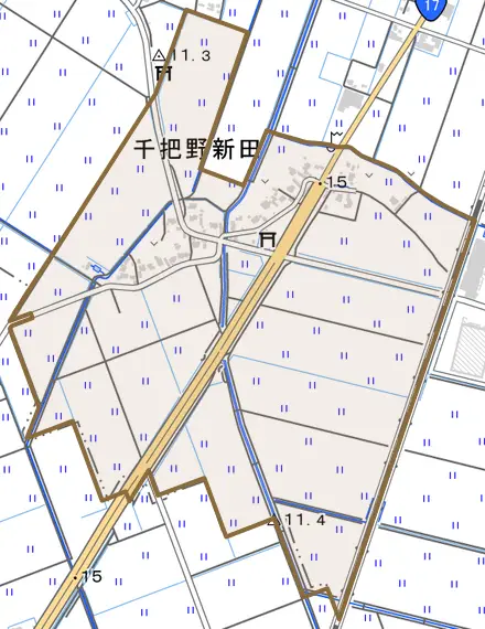千把野新田とその周辺の地図。町の範囲を重ねている
