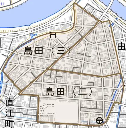 島田とその周辺の地図。町の範囲を重ねている
