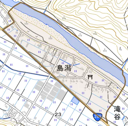 島潟とその周辺の地図。町の範囲を重ねている
