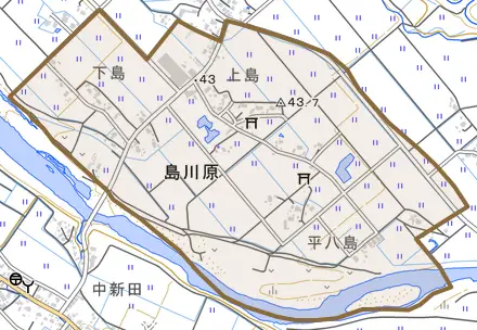 島川原とその周辺の地図。町の範囲を重ねている