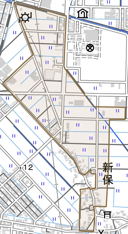 新保とその周辺の地図。町の範囲を重ねている