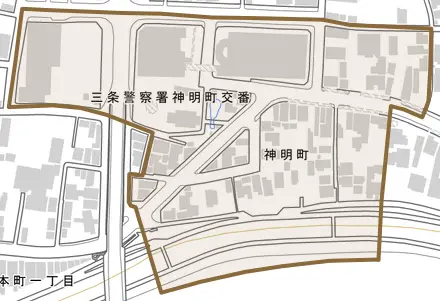 神明町とその周辺の地図。町の範囲を重ねている