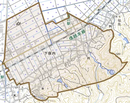 下保内とその周辺の地図。町の範囲を重ねている