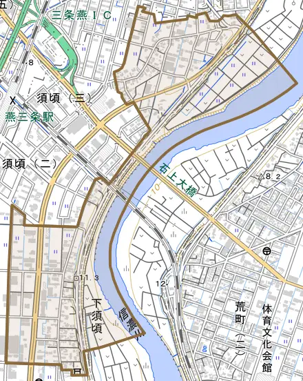 下須頃とその周辺の地図。町の範囲を重ねている