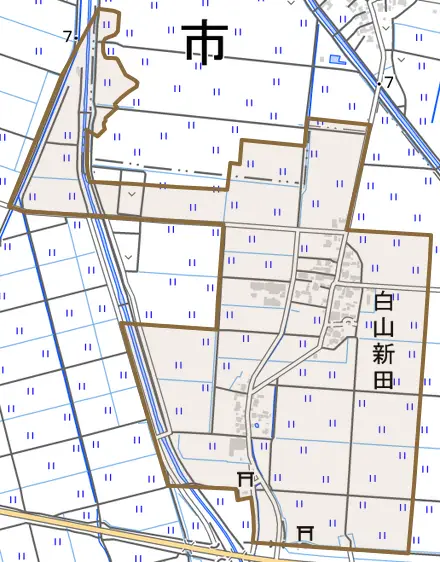 白山新田とその周辺の地図。町の範囲を重ねている