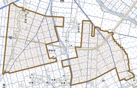 須戸新田とその周辺の地図。町の範囲を重ねている