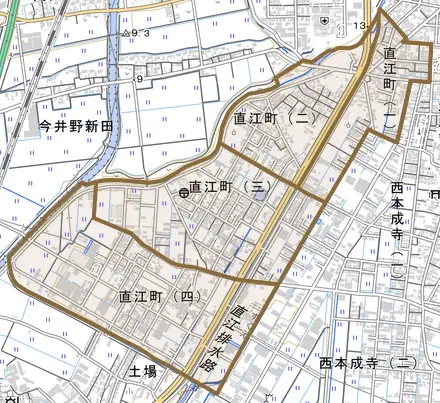 直江町とその周辺の地図。町の範囲を重ねている