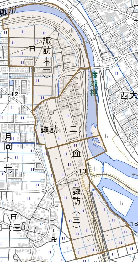 諏訪とその周辺の地図。町の範囲を重ねている