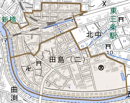 田島とその周辺の地図。町の範囲を重ねている