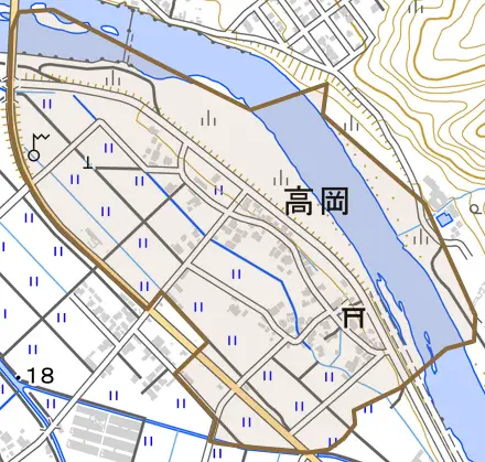 高岡とその周辺の地図。町の範囲を重ねている