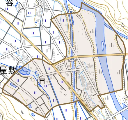 高屋敷とその周辺の地図。町の範囲を重ねている