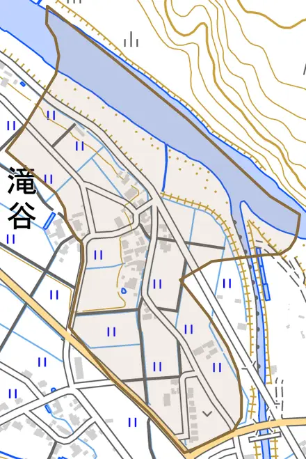滝谷とその周辺の地図。町の範囲を重ねている