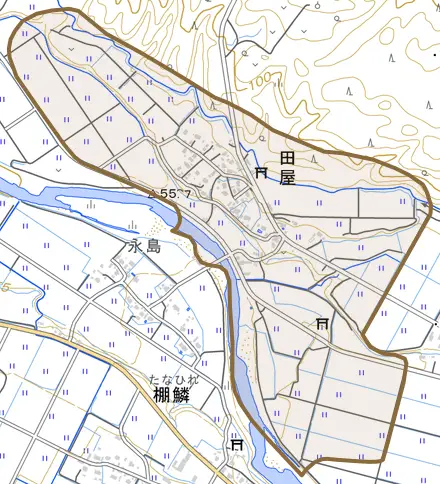 田屋とその周辺の地図。町の範囲を重ねている