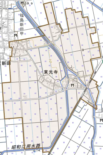 東光寺とその周辺の地図。町の範囲を重ねている