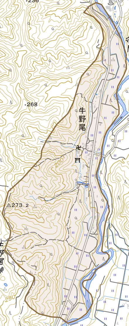牛野尾とその周辺の地図。町の範囲を重ねている