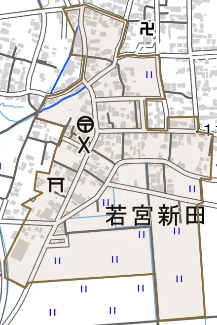 若宮新田とその周辺の地図。町の範囲を重ねている