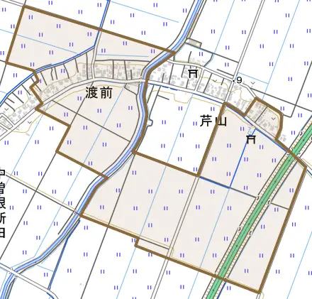 渡前とその周辺の地図。町の範囲を重ねている