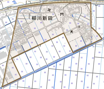 柳川新田とその周辺の地図。町の範囲を重ねている