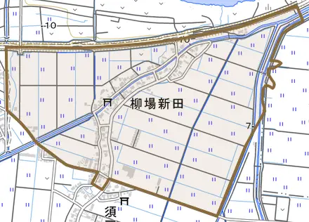 柳場新田とその周辺の地図。町の範囲を重ねている
