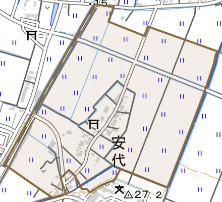 安代とその周辺の地図。町の範囲を重ねている