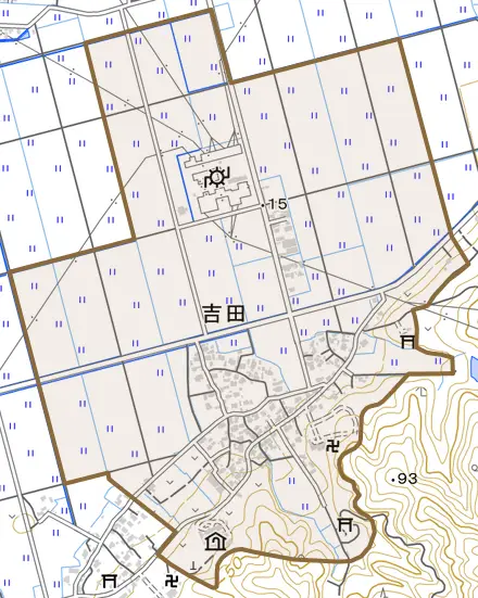 吉田とその周辺の地図。町の範囲を重ねている