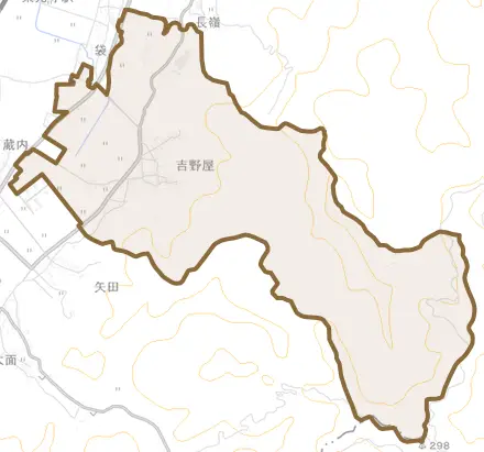 吉野屋とその周辺の地図。町の範囲を重ねている
