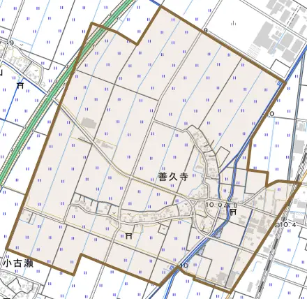 善久寺とその周辺の地図。町の範囲を重ねている