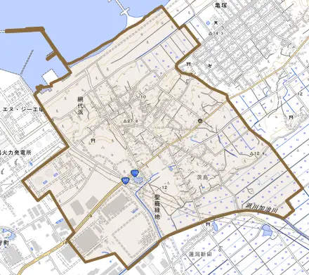 大字網代浜とその周辺の地図。町の範囲を重ねている
