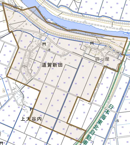 大字道賀新田とその周辺の地図。町の範囲を重ねている
