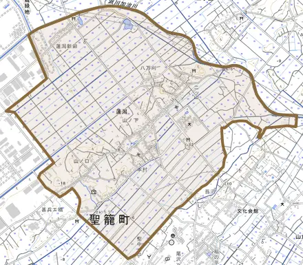 大字蓮潟とその周辺の地図。町の範囲を重ねている
