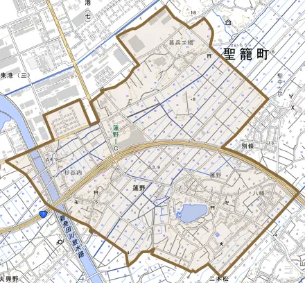 大字蓮野とその周辺の地図。町の範囲を重ねている