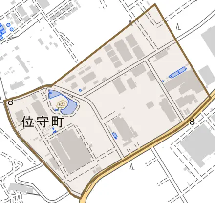 位守町とその周辺の地図。町の範囲を重ねている