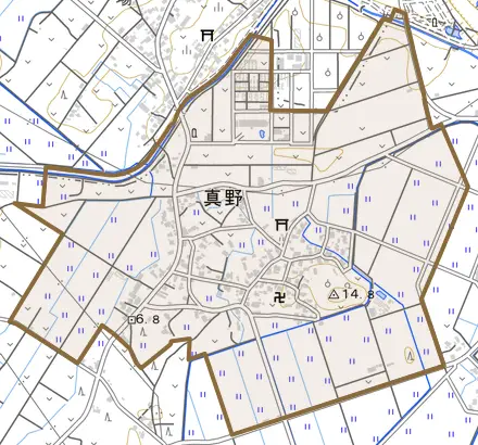 大字真野とその周辺の地図。町の範囲を重ねている
