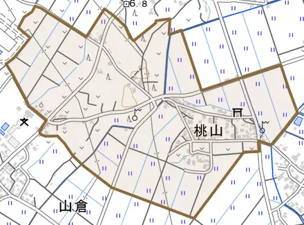 大字桃山とその周辺の地図。町の範囲を重ねている