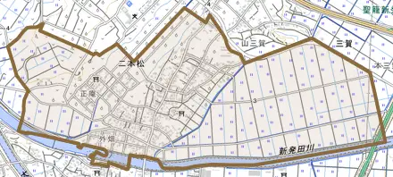 大字二本松とその周辺の地図。町の範囲を重ねている
