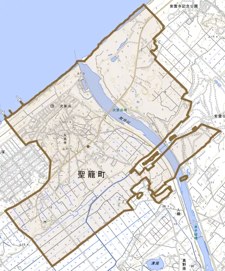 大字次第浜とその周辺の地図。町の範囲を重ねている