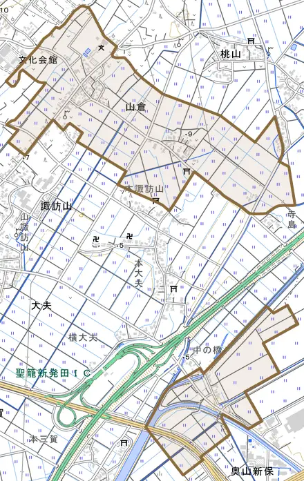 大字山倉とその周辺の地図。町の範囲を重ねている