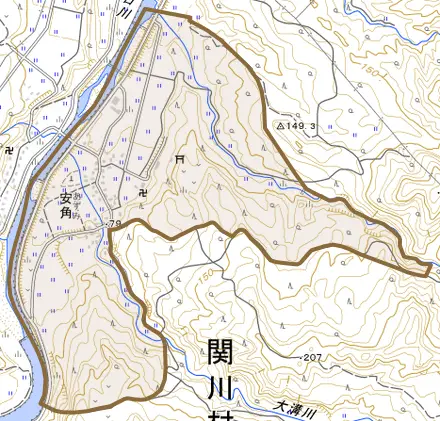 大字安角とその周辺の地図。町の範囲を重ねている