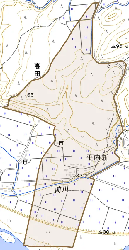 大字平内新とその周辺の地図。町の範囲を重ねている
